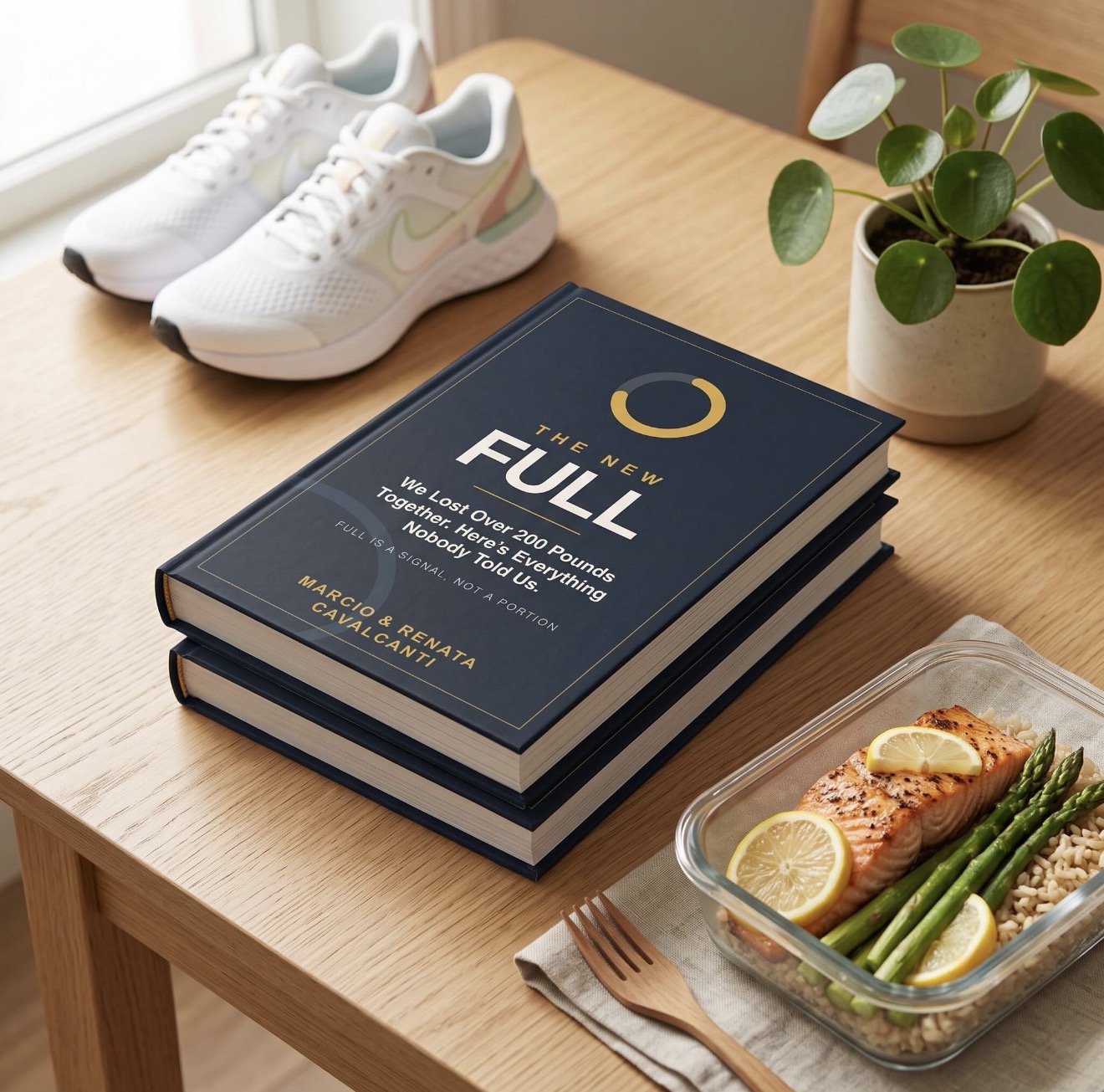 The New Full, two hardcover copies on a table beside a prepared meal and running shoes